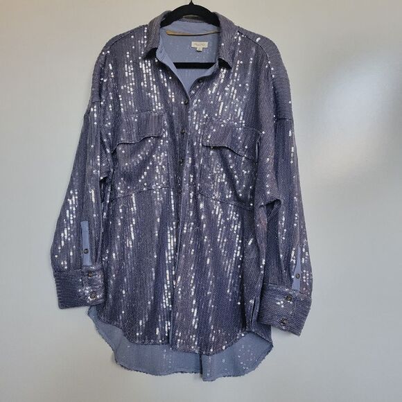 NEW ANTHROPOLOGIE PILCRO Long-Sleeve Oversized Sequin Button down Shirt M L XL - Picture 4 of 5
